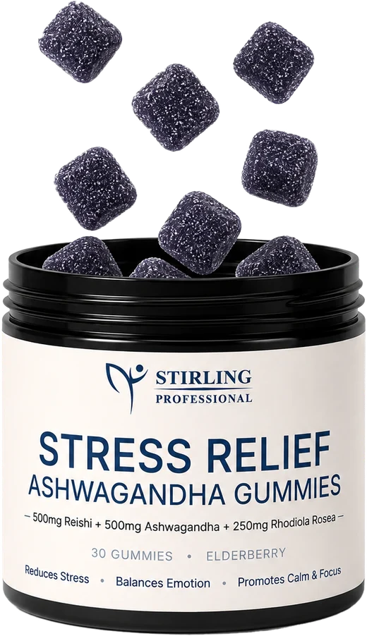 Stirling Professional Stress Relief Ashwagandha Gummies, 30 elderberry gummies, jar with gummies falling in